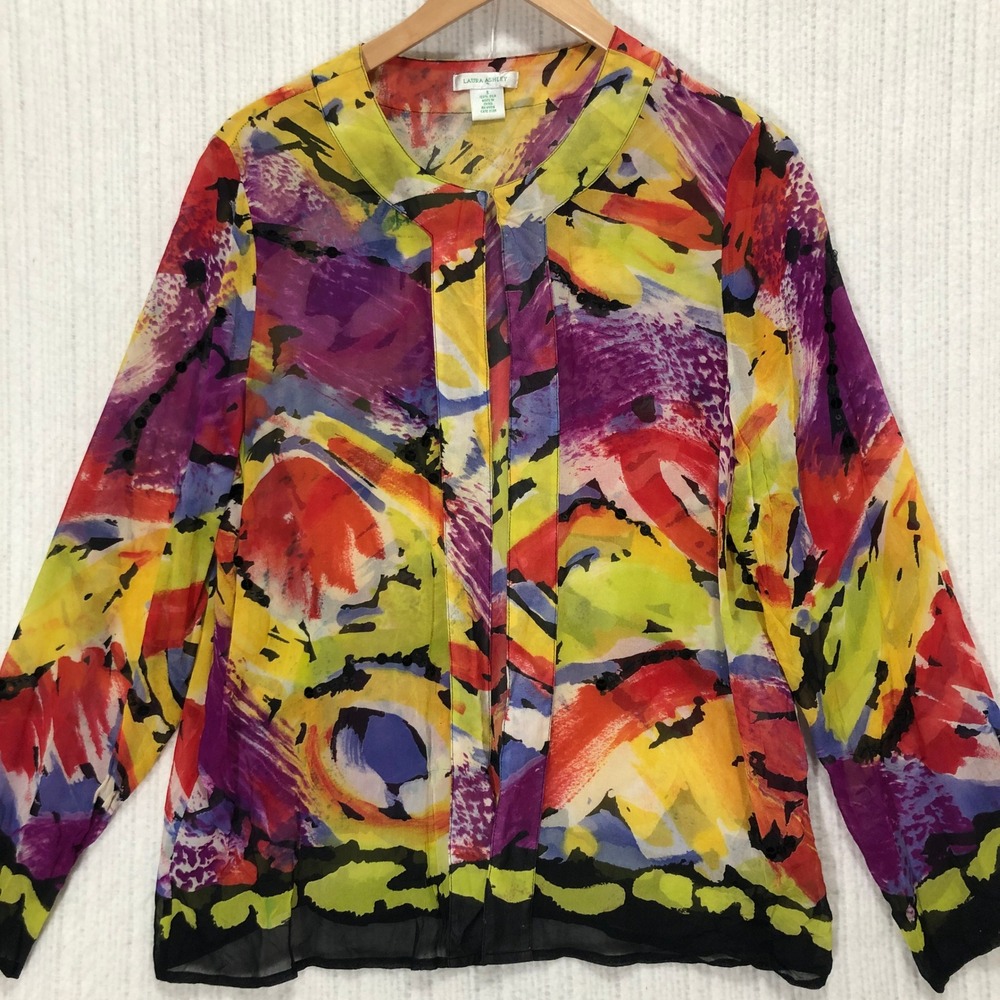 Laura Ashley Silk Blouse Abstract Print Long Sleeve Colorful Top‎ Size S